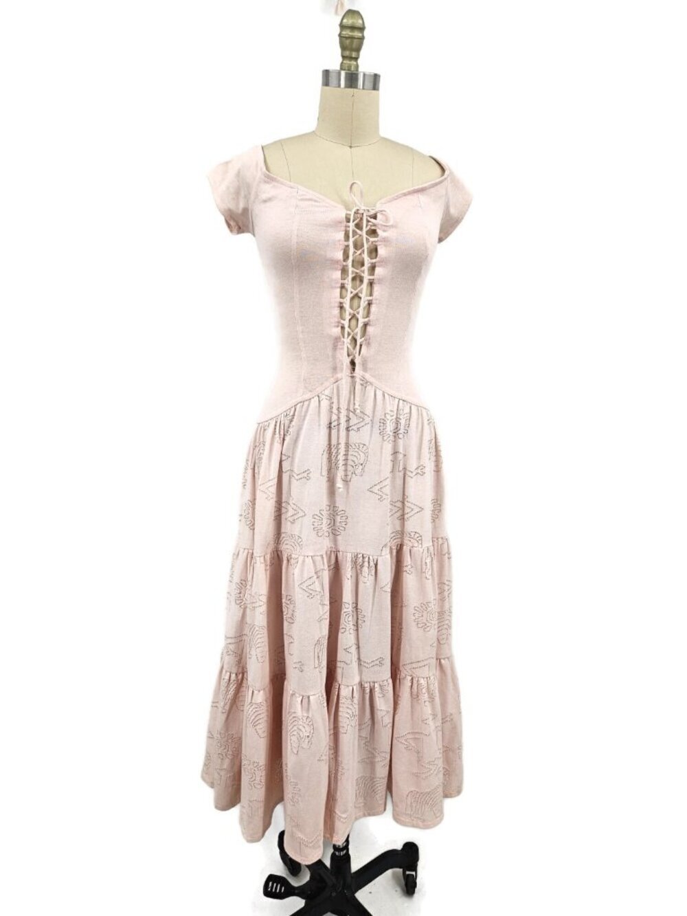 VTG 80s California Dress Code Pink Dress Women 5/6 Corset Lace Front Ties Tiered